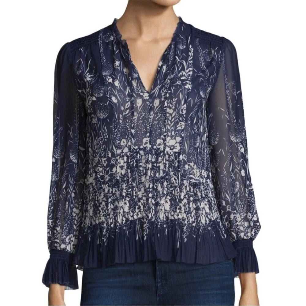 Joie Rita Riviera Navy Blue Floral Pleated Chiffon Women S Peasant Blouse Top